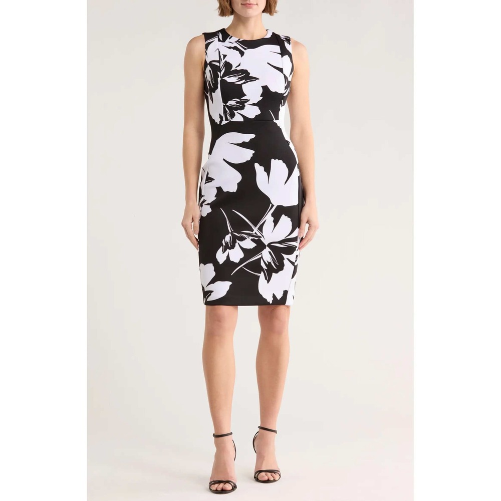 Calvin Klein Black White Floral Scuba Sheath Dress CD6MP460 Sleeveless 10